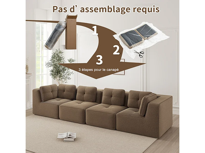 Canapé 4 places modulable, avec 6 coussins, en velours côtelé, 386x104x69cm, Marron