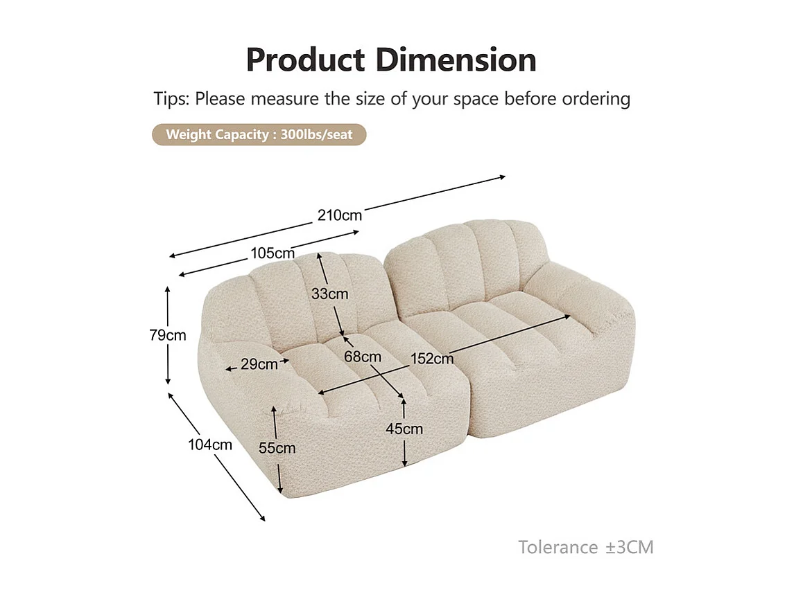 Canapé modulable 2 places en velours côtelé - 68cm d'assise profonds - 210x104x79cm - Beige
