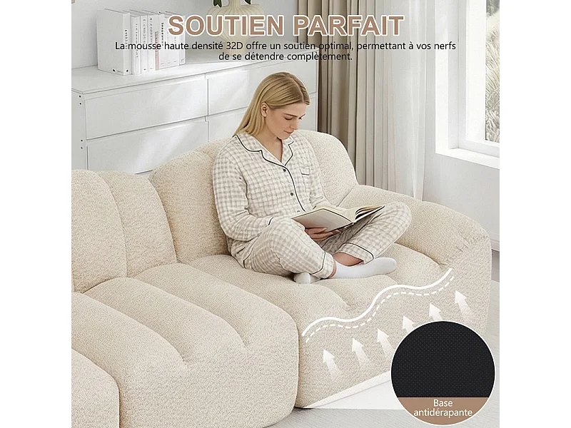 Canapé modulable 2 places en velours côtelé - 68cm d'assise profonds - 210x104x79cm - Beige