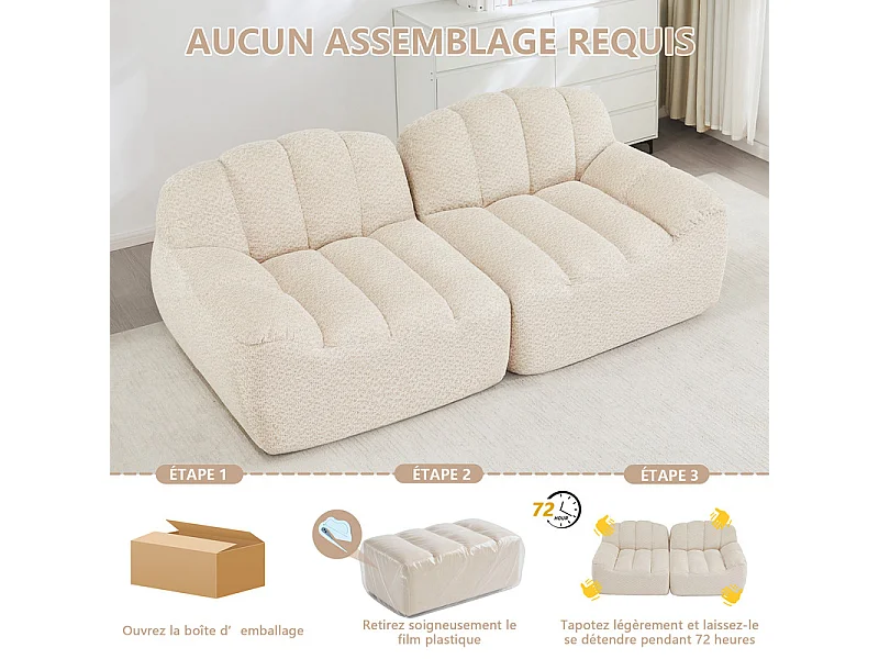 Canapé modulable 2 places en velours côtelé - 68cm d'assise profonds - 210x104x79cm - Beige