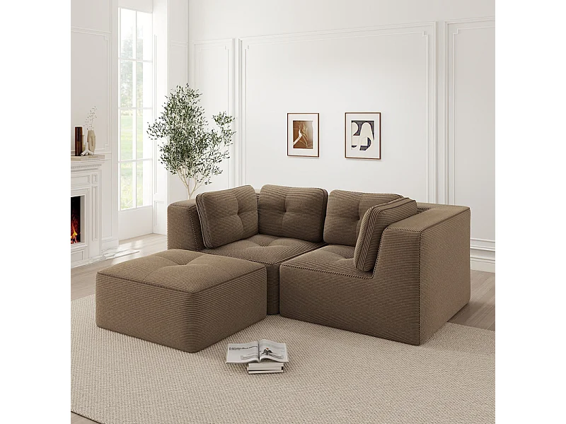 Canapé d'angle modulable, avec pouf et coussins, en velours côtelé, Marron, 208x177x69cm
