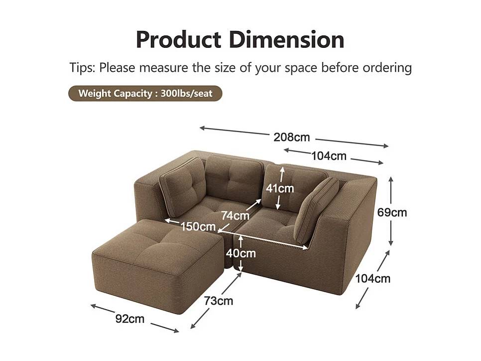 Canapé d'angle modulable, avec pouf et coussins, en velours côtelé, Marron, 208x177x69cm