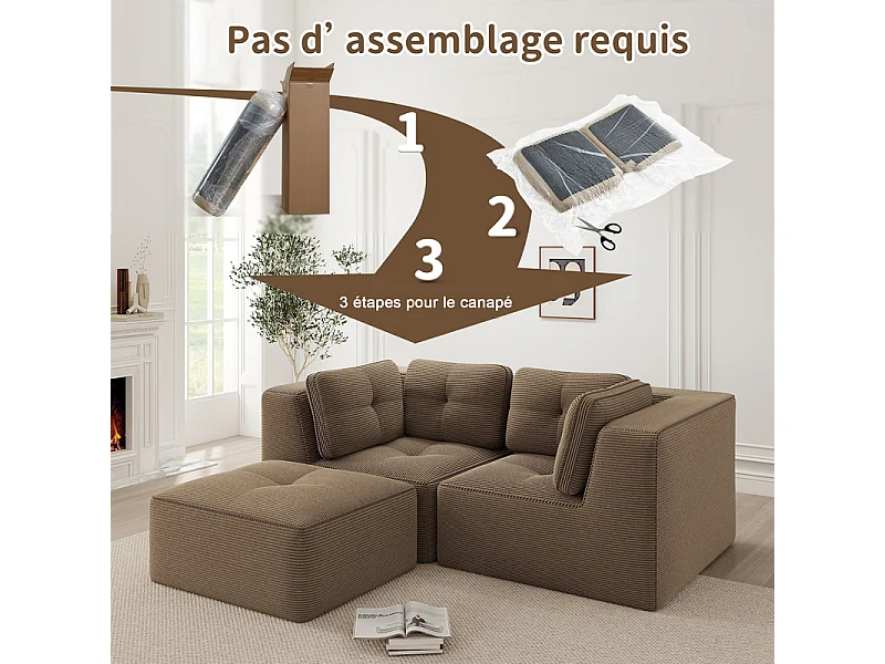 Canapé d'angle modulable, avec pouf et coussins, en velours côtelé, Marron, 208x177x69cm