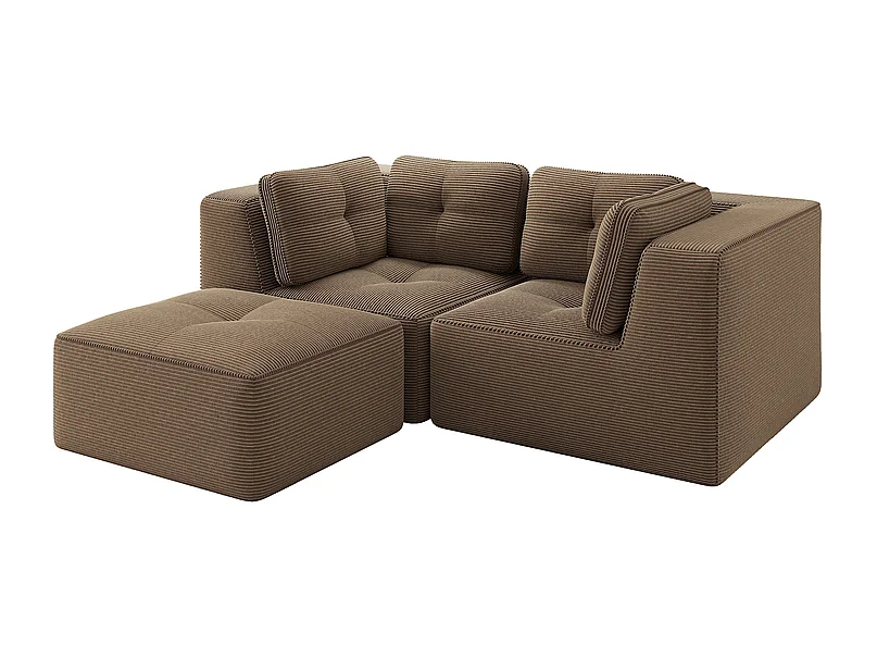 Canapé d'angle modulable, avec pouf et coussins, en velours côtelé, Marron, 208x177x69cm