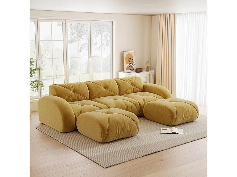 Canapé d'angle 3 places modulable en tissu chenille, avec 2 pouf, 281x171x76cm, Jaune