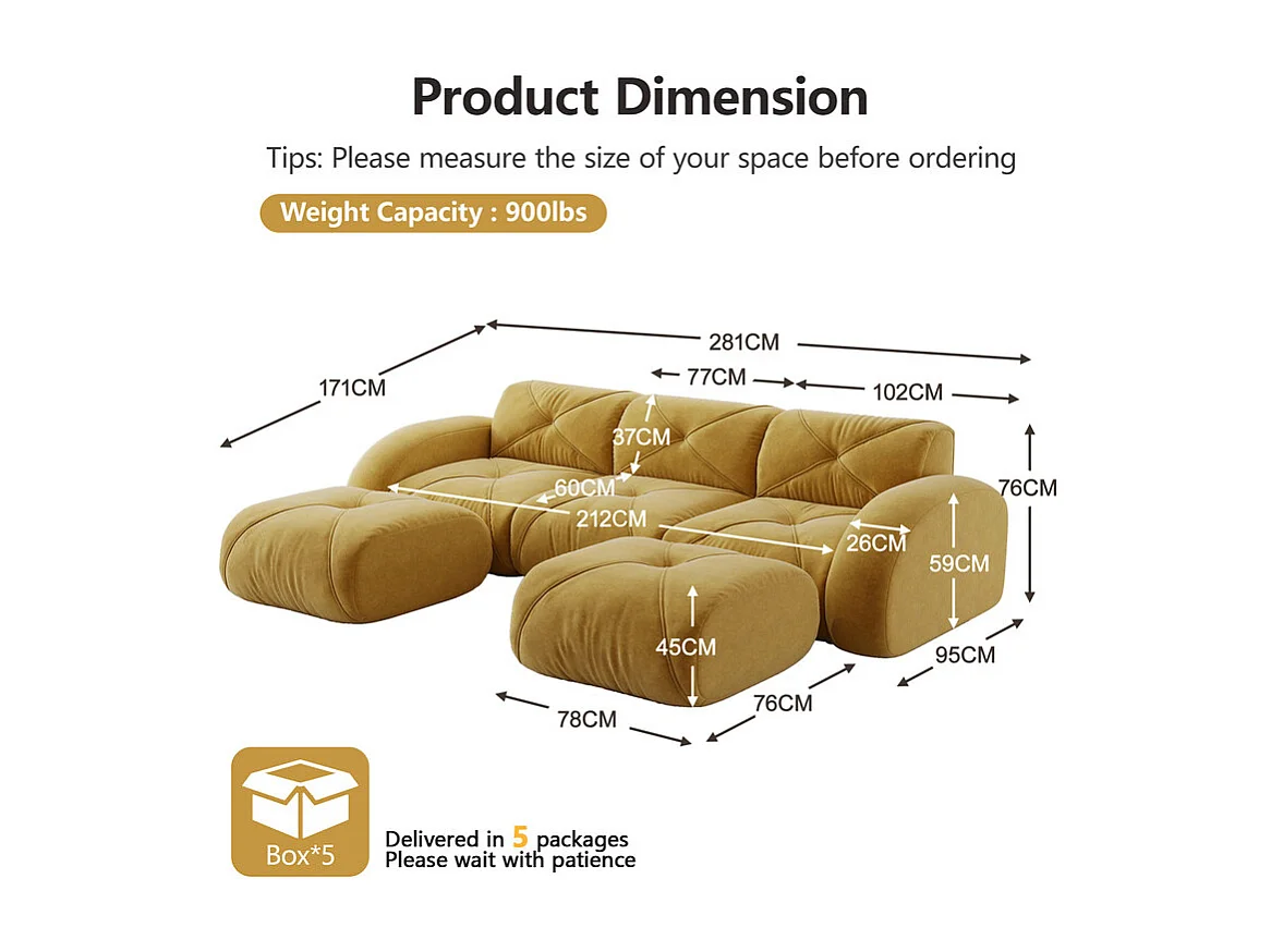 Canapé d'angle 3 places modulable en tissu chenille, avec 2 pouf, 281x171x76cm, Jaune