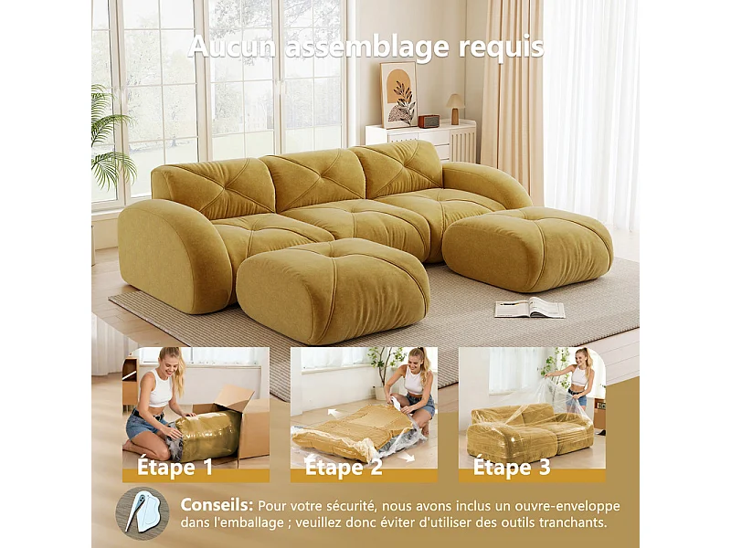 Canapé d'angle 3 places modulable en tissu chenille, avec 2 pouf, 281x171x76cm, Jaune