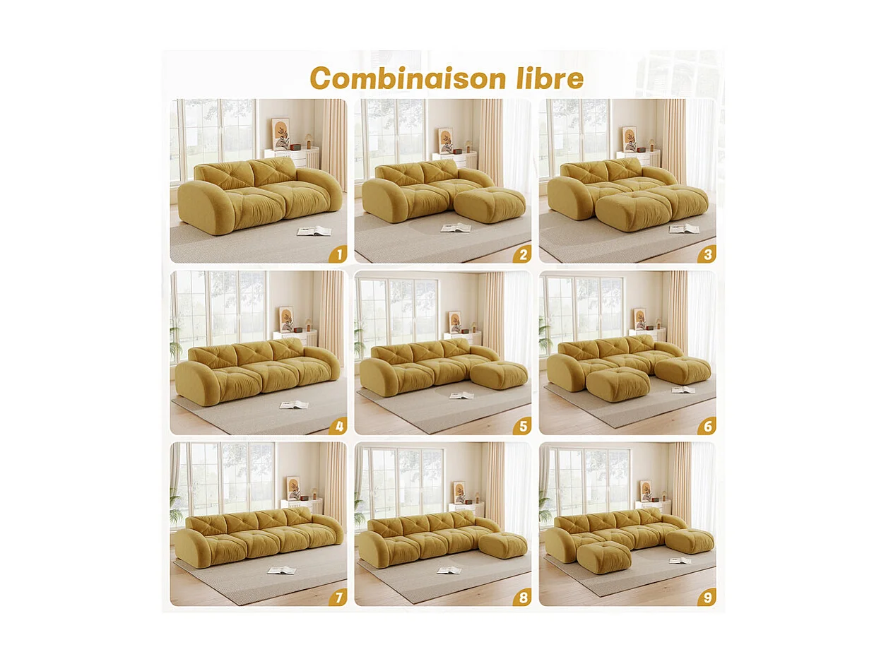 Canapé d'angle 3 places modulable en tissu chenille, avec 2 pouf, 281x171x76cm, Jaune