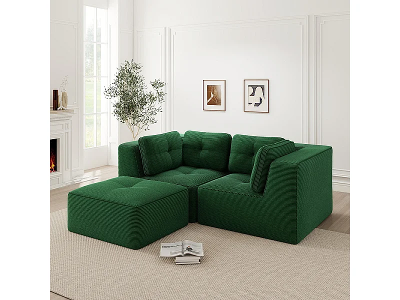Canapé d'angle modulable, avec pouf et coussins, en velours côtelé, Vert, 208x177x69cm