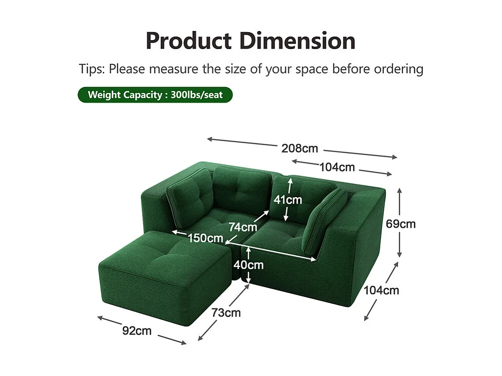 Canapé d'angle modulable, avec pouf et coussins, en velours côtelé, Vert, 208x177x69cm