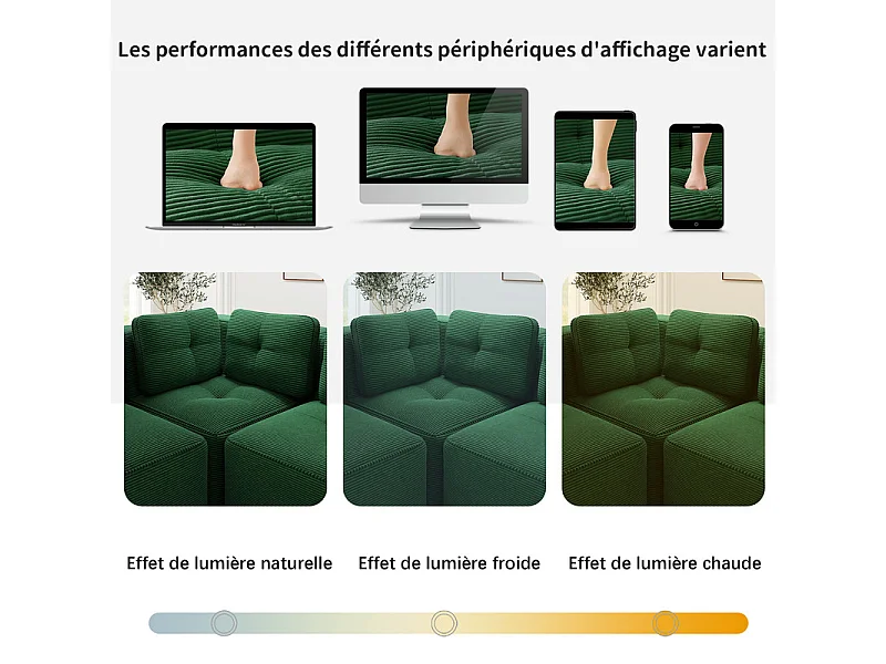 Canapé d'angle modulable, avec pouf et coussins, en velours côtelé, Vert, 208x177x69cm