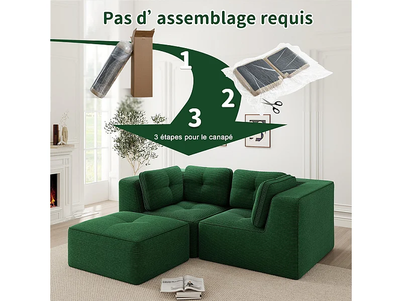 Canapé d'angle modulable, avec pouf et coussins, en velours côtelé, Vert, 208x177x69cm