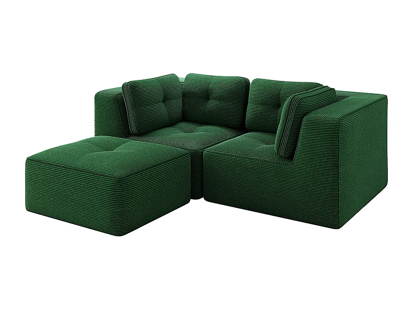 Canapé d'angle modulable, avec pouf et coussins, en velours côtelé, Vert, 208x177x69cm