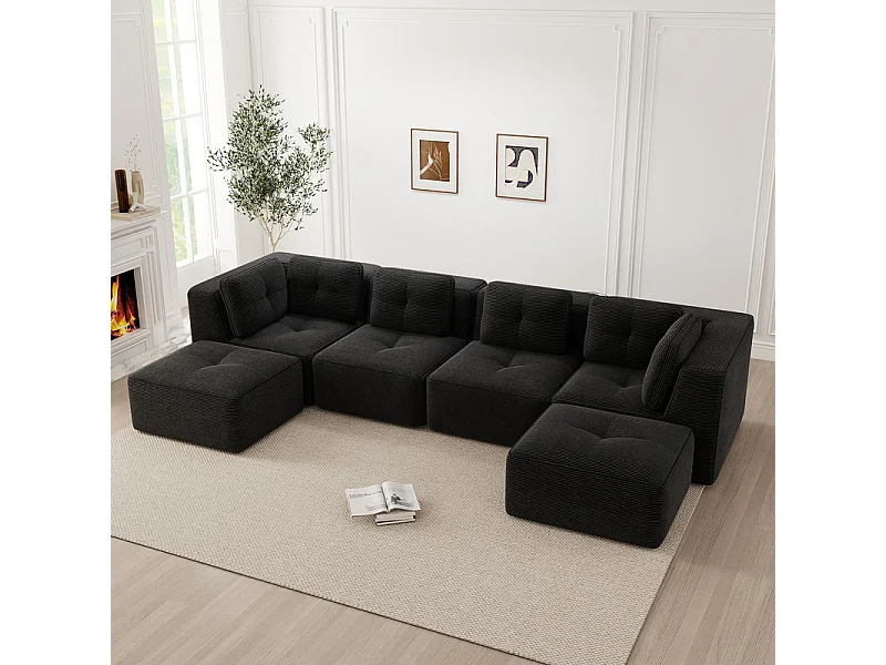 Canapé 4 places panoramique modulable, en velours côtelé, avec 2 pouf, 386x177x69cm, Noir