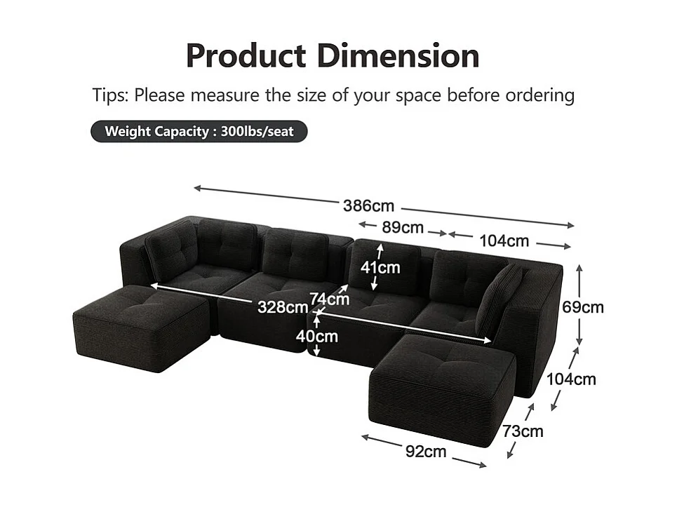 Canapé 4 places panoramique modulable, en velours côtelé, avec 2 pouf, 386x177x69cm, Noir