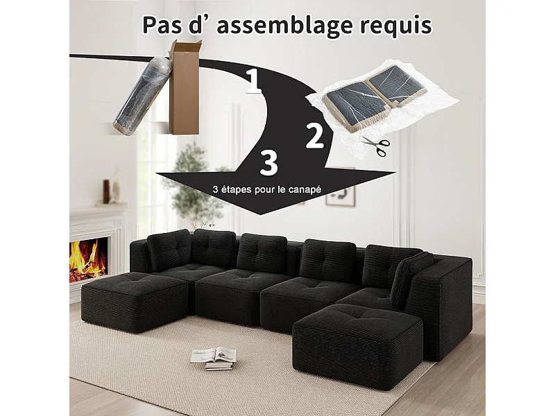 Canapé 4 places panoramique modulable, en velours côtelé, avec 2 pouf, 386x177x69cm, Noir