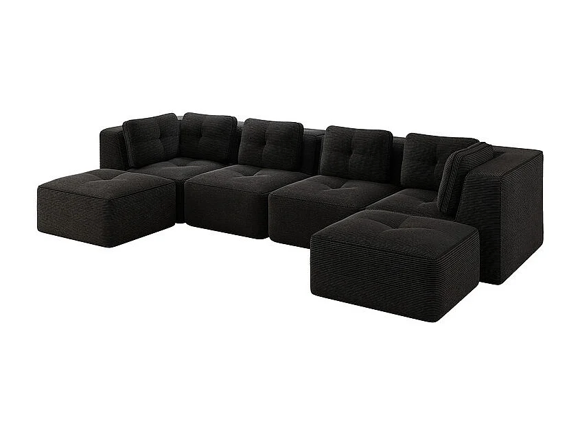 Canapé 4 places panoramique modulable, en velours côtelé, avec 2 pouf, 386x177x69cm, Noir