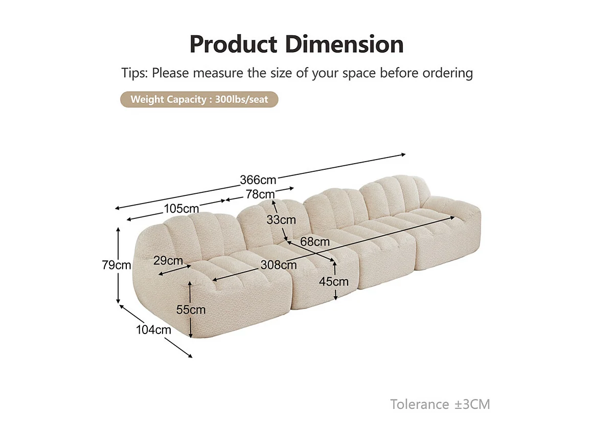 Canapé 4 places modulable en velours côtelé, ergonomique, sans assemblage, 366x104x79cm, Beige