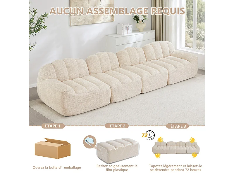 Canapé 4 places modulable en velours côtelé, ergonomique, sans assemblage, 366x104x79cm, Beige