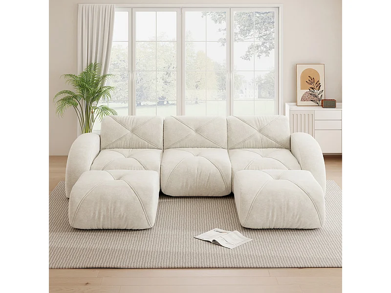 Canapé d'angle 3 places modulable en tissu chenille, avec 2 pouf, 281x171x76cm, Blanc