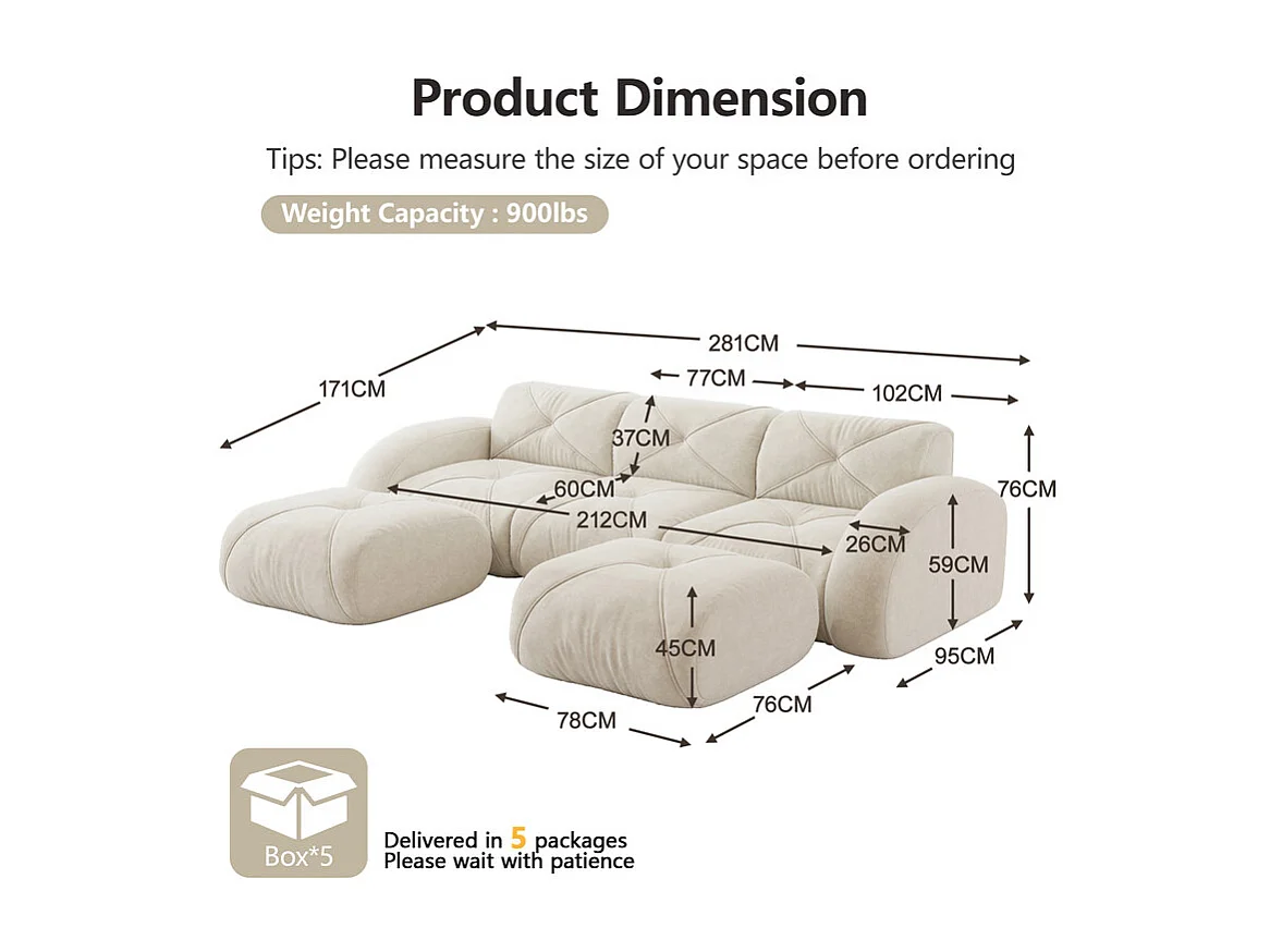 Canapé d'angle 3 places modulable en tissu chenille, avec 2 pouf, 281x171x76cm, Blanc