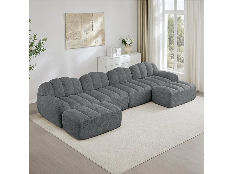 Canapé d'angle modulable en velours côtelé gris, avec 2 pouf, ergonomique, 366x165x79cm