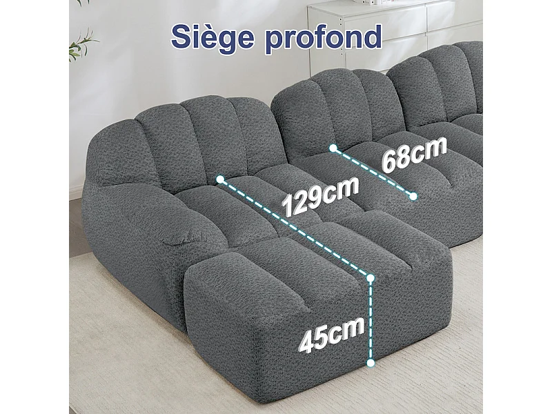 Canapé d'angle modulable en velours côtelé gris, avec 2 pouf, ergonomique, 366x165x79cm