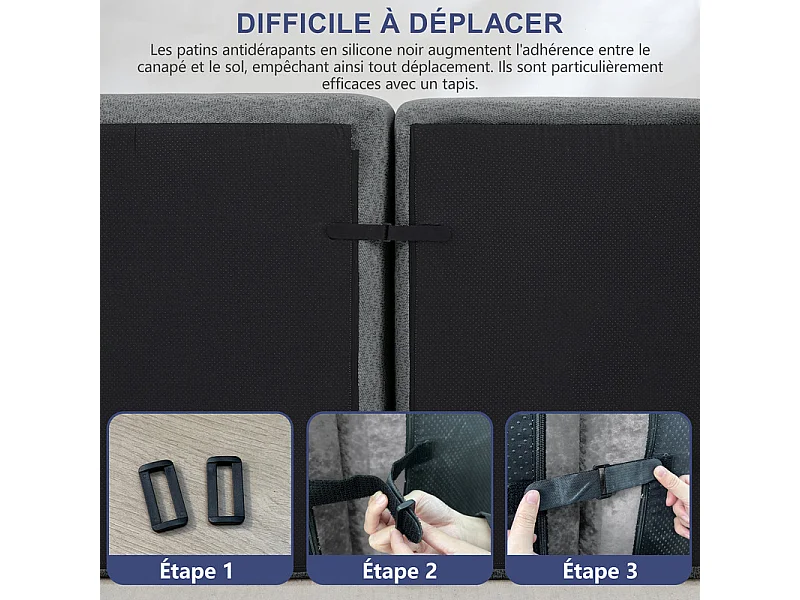 Canapé d'angle modulable en velours côtelé gris, avec 2 pouf, ergonomique, 366x165x79cm