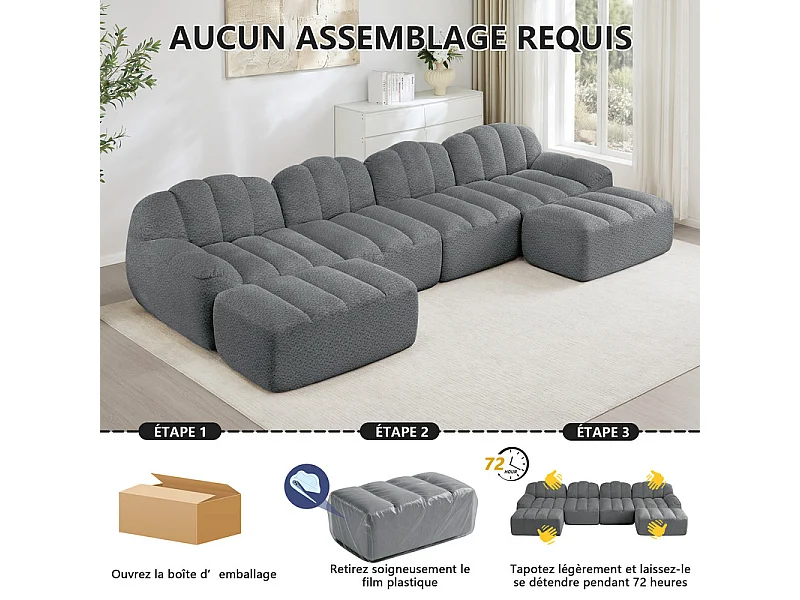 Canapé d'angle modulable en velours côtelé gris, avec 2 pouf, ergonomique, 366x165x79cm