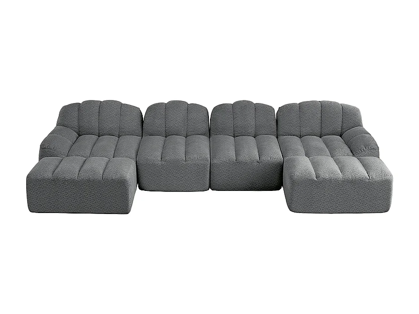 Canapé d'angle modulable en velours côtelé gris, avec 2 pouf, ergonomique, 366x165x79cm