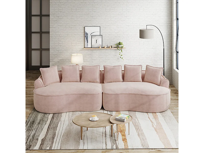 Canapé 4 places modulable en tissu chenille, avec 6 coussins, 63cm assise profonde, 320x114x67cm, Rose