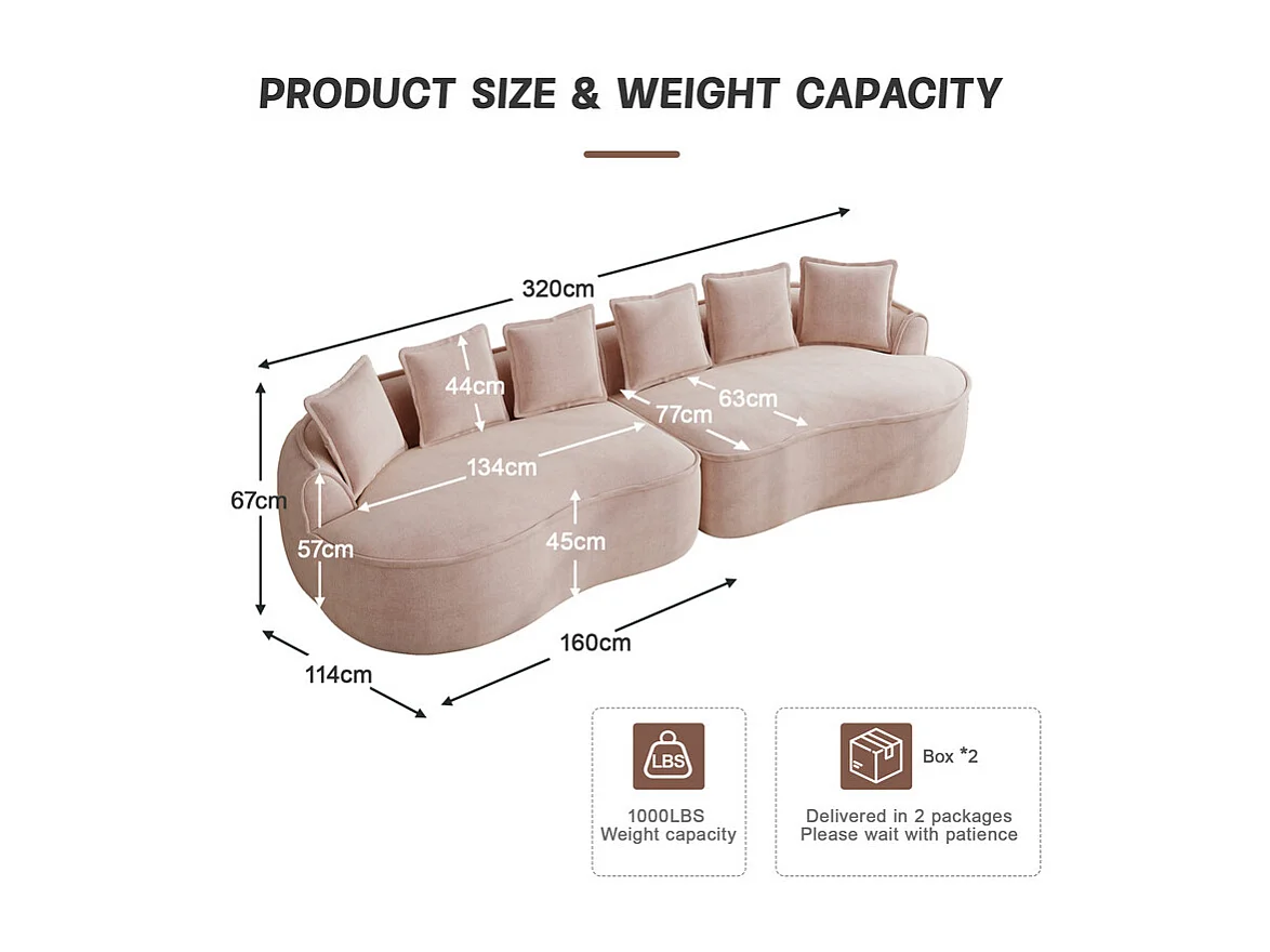 Canapé 4 places modulable en tissu chenille, avec 6 coussins, 63cm assise profonde, 320x114x67cm, Rose