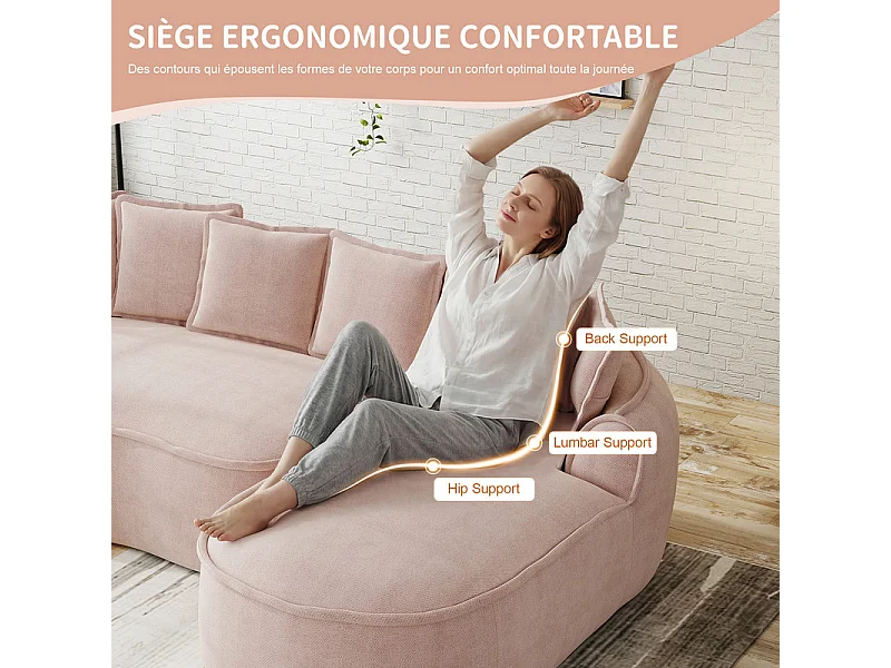 Canapé 4 places modulable en tissu chenille, avec 6 coussins, 63cm assise profonde, 320x114x67cm, Rose