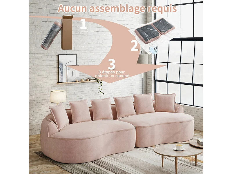 Canapé 4 places modulable en tissu chenille, avec 6 coussins, 63cm assise profonde, 320x114x67cm, Rose