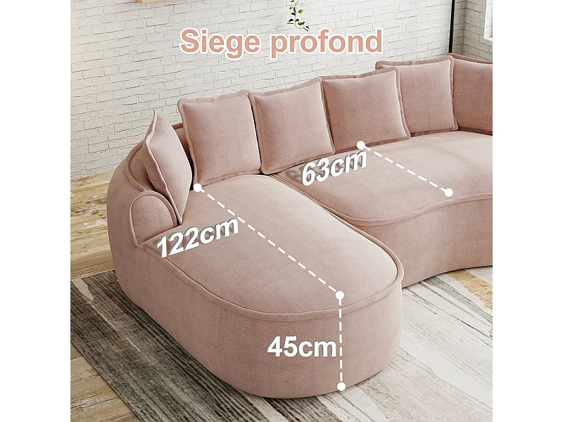 Canapé 4 places modulable en tissu chenille, avec 6 coussins, 63cm assise profonde, 320x114x67cm, Rose
