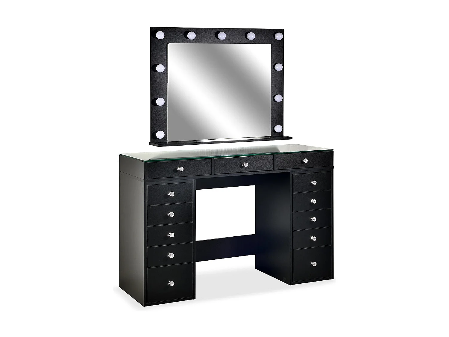 Coiffeuse moderne 13 tiroirs avec miroir lumineux et plateau en verre L120cm Probeauty Noir