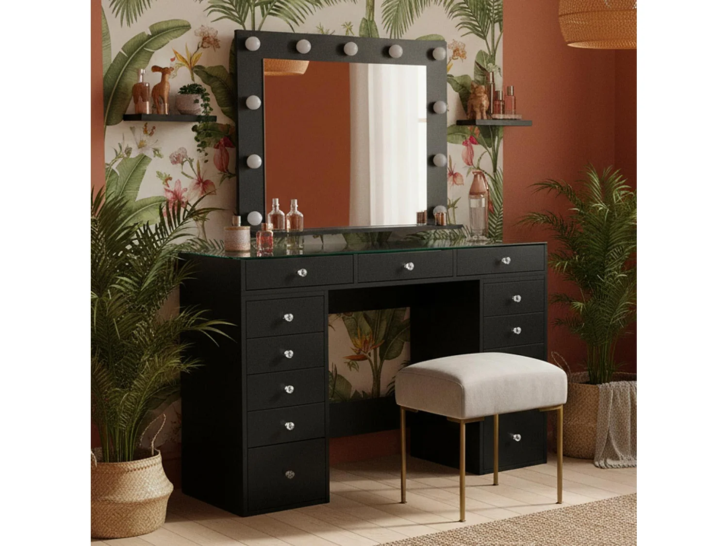 Coiffeuse moderne 13 tiroirs avec miroir lumineux et plateau en verre L120cm Probeauty Noir