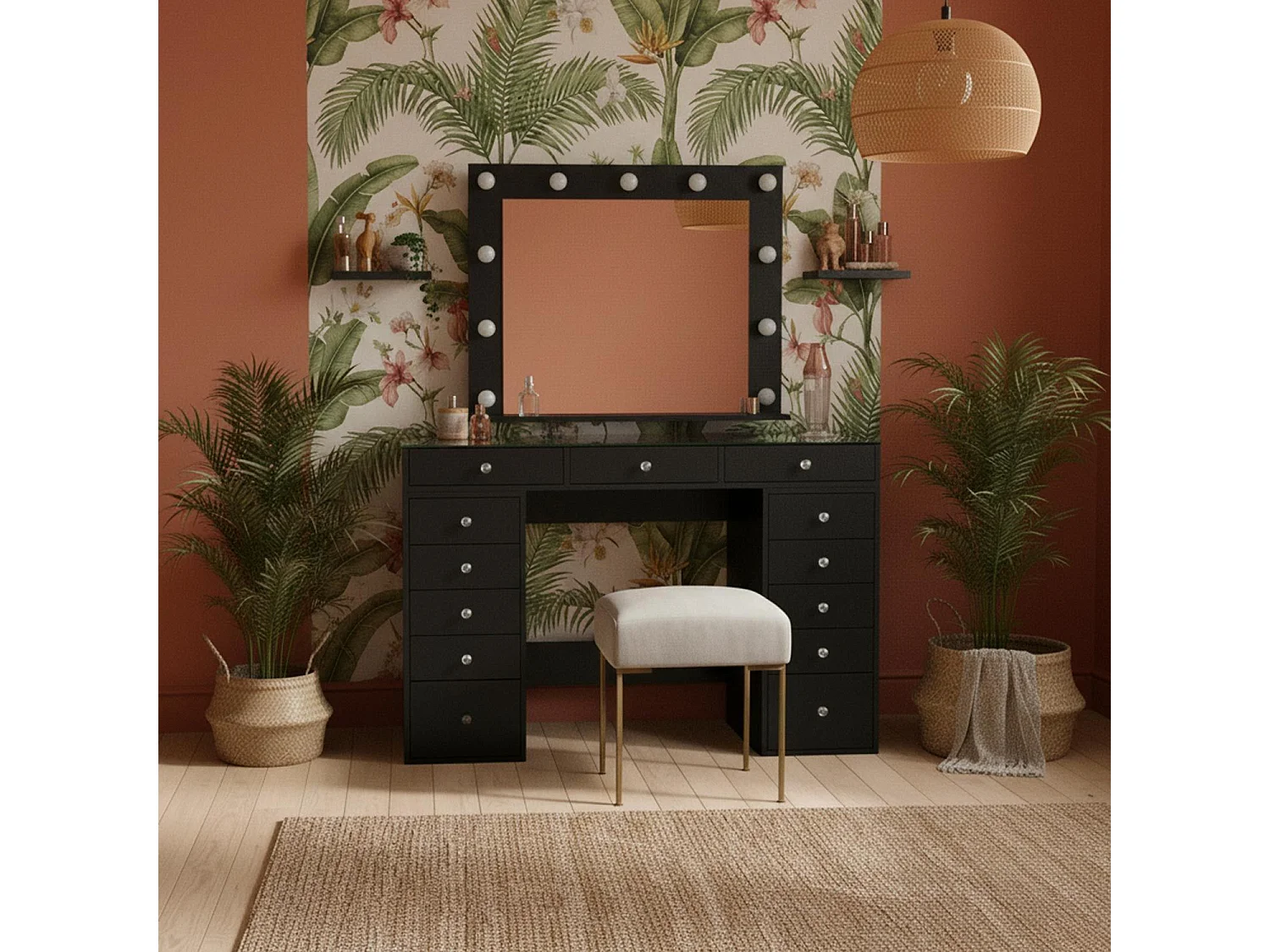 Coiffeuse moderne 13 tiroirs avec miroir lumineux et plateau en verre L120cm Probeauty Noir