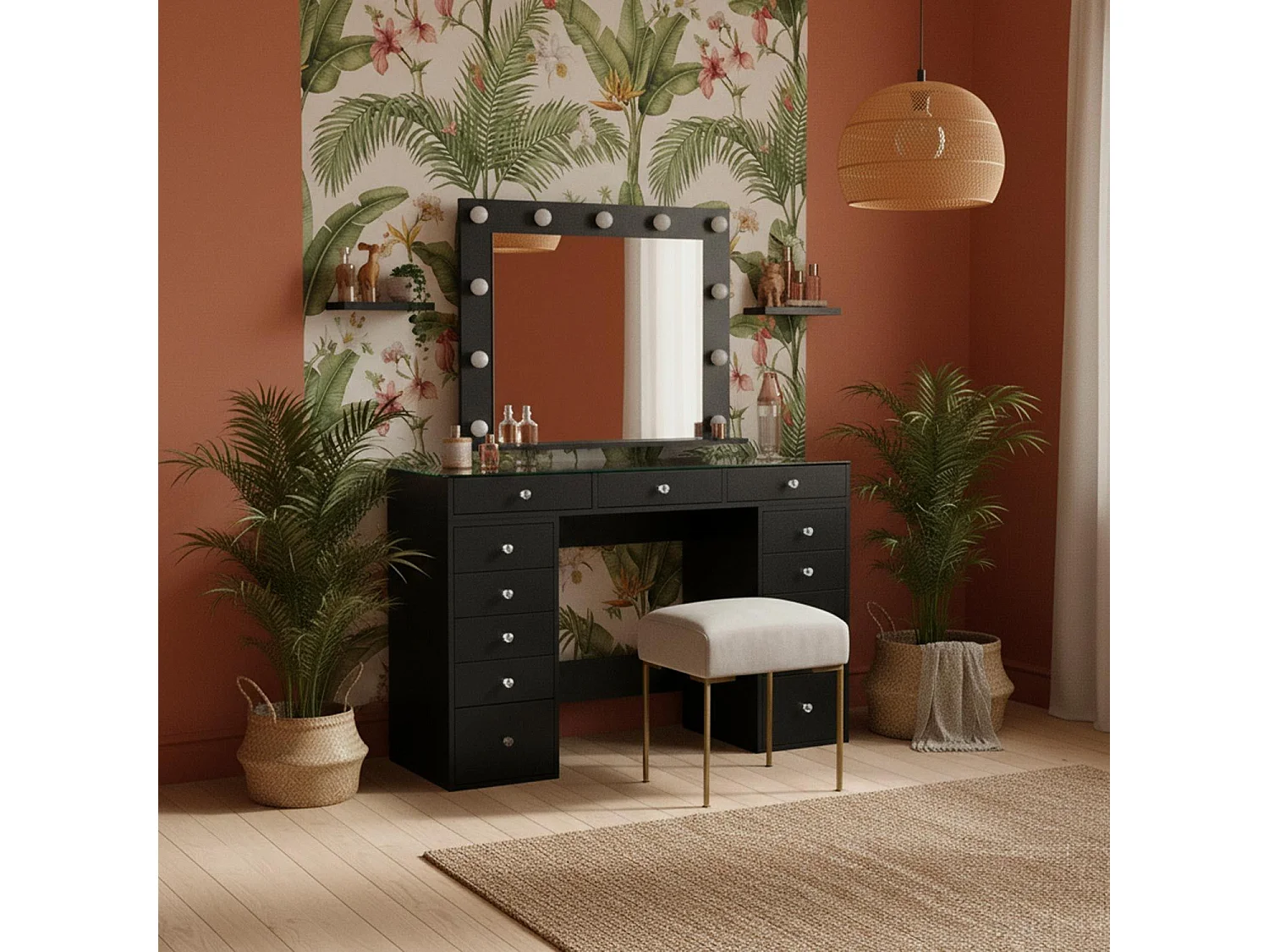 Coiffeuse moderne 13 tiroirs avec miroir lumineux et plateau en verre L120cm Probeauty Noir