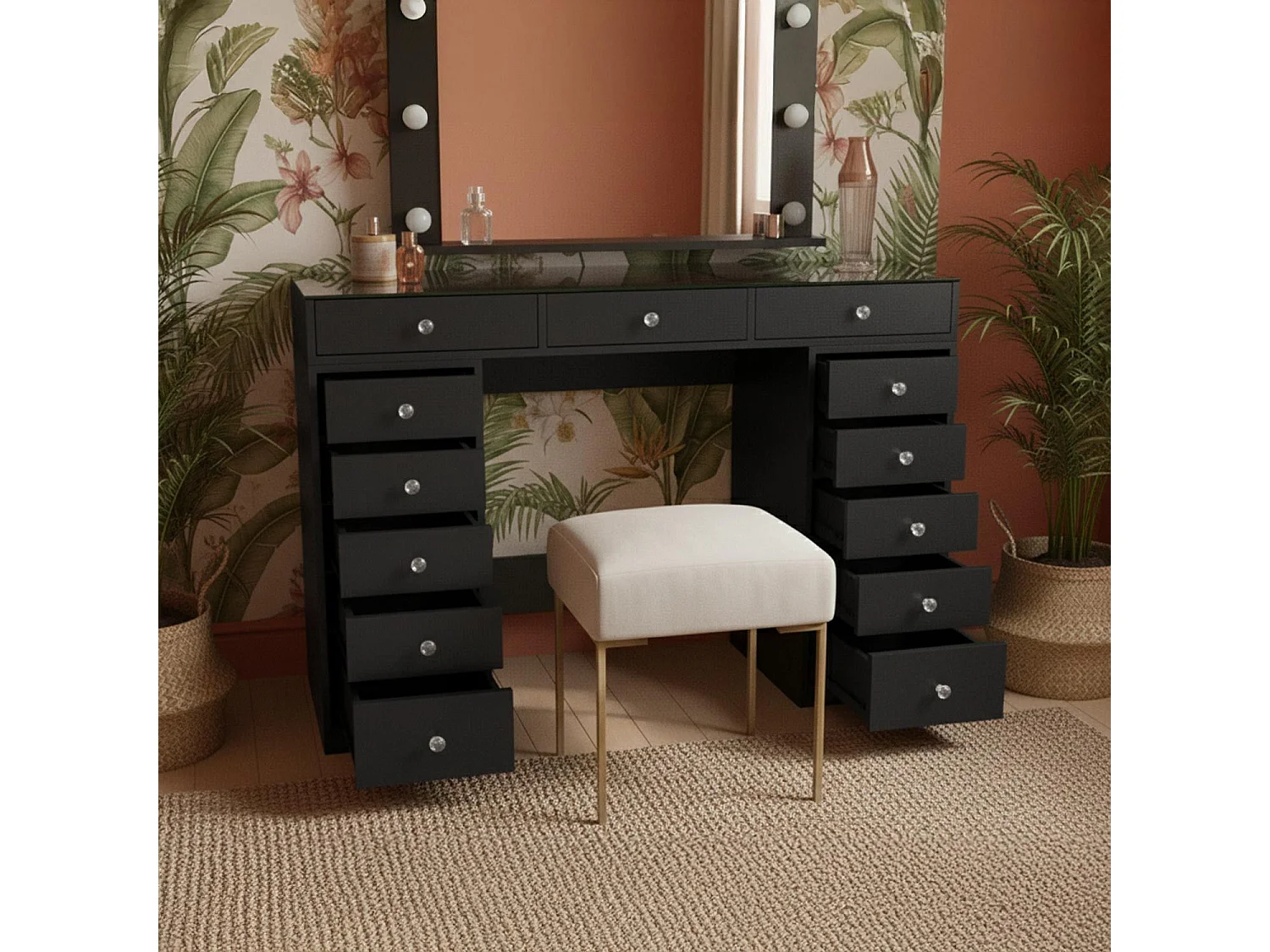 Coiffeuse moderne 13 tiroirs avec miroir lumineux et plateau en verre L120cm Probeauty Noir