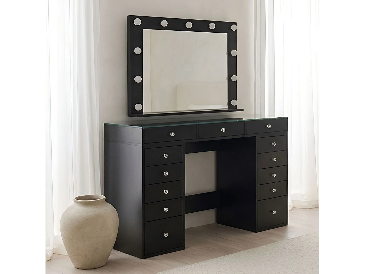 Coiffeuse moderne 13 tiroirs avec miroir lumineux et plateau en verre L120cm Probeauty Noir