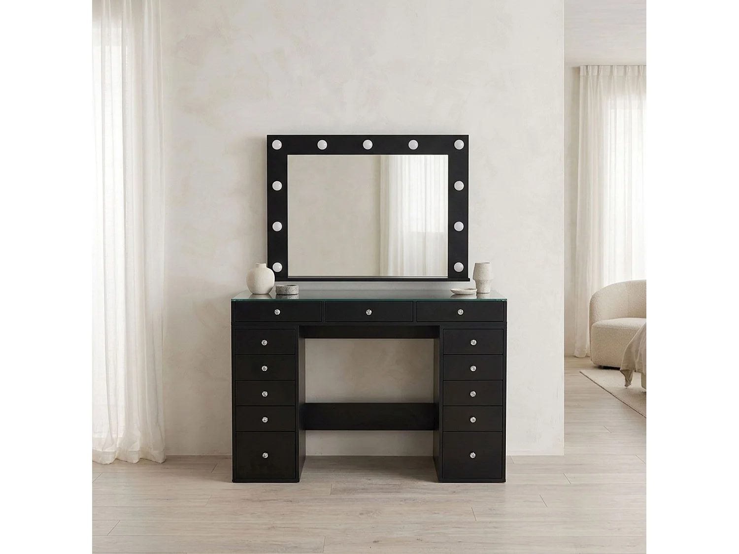 Coiffeuse moderne 13 tiroirs avec miroir lumineux et plateau en verre L120cm Probeauty Noir