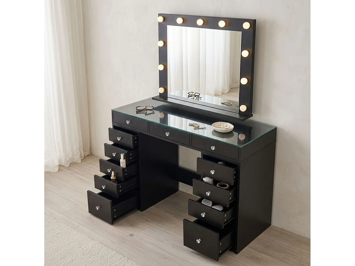 Coiffeuse moderne 13 tiroirs avec miroir lumineux et plateau en verre L120cm Probeauty Noir