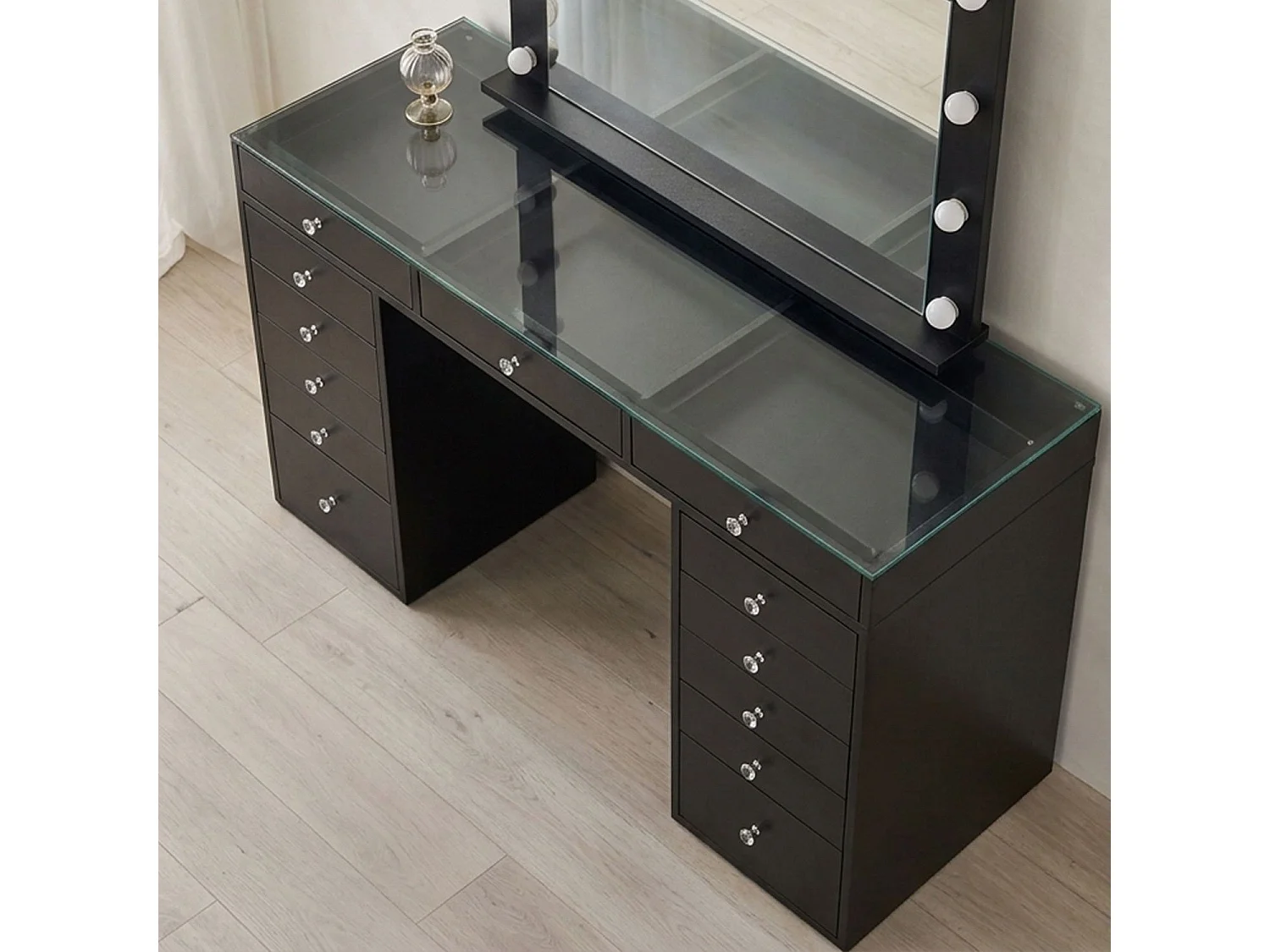 Coiffeuse moderne 13 tiroirs avec miroir lumineux et plateau en verre L120cm Probeauty Noir