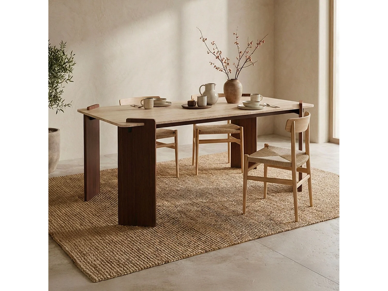 Table à manger au design Art Déco Cezanne 80x190cm Effet travertin Beige et Bois foncé