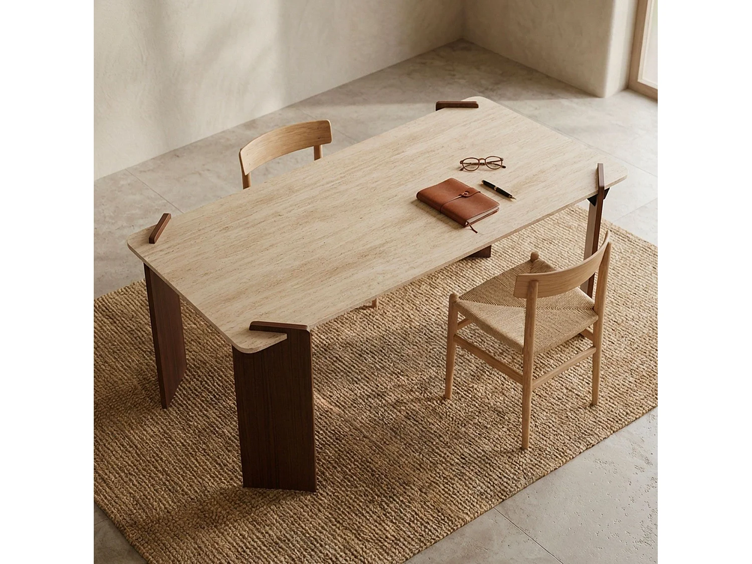 Table à manger au design Art Déco Cezanne 80x190cm Effet travertin Beige et Bois foncé