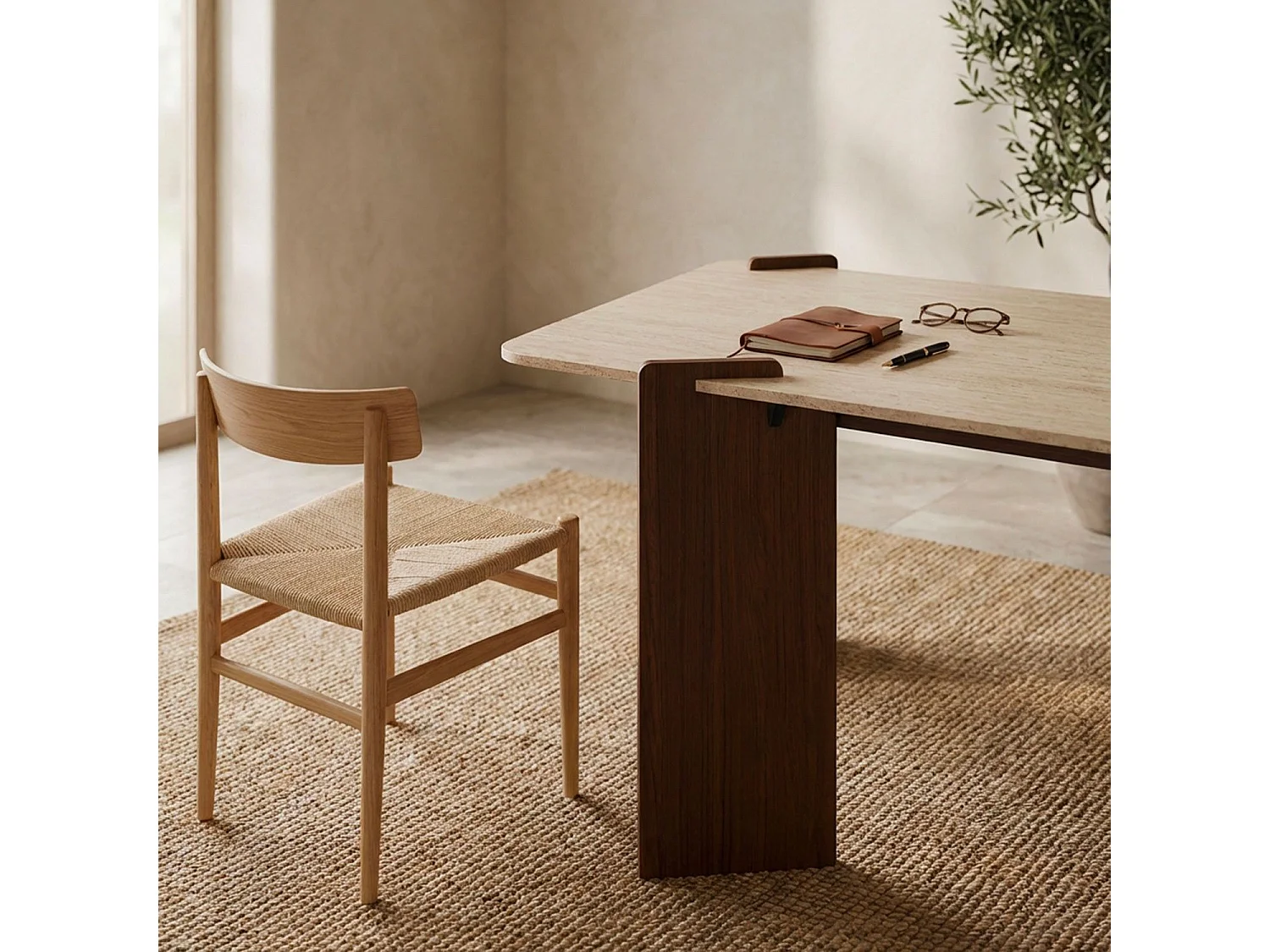 Table à manger au design Art Déco Cezanne 80x190cm Effet travertin Beige et Bois foncé