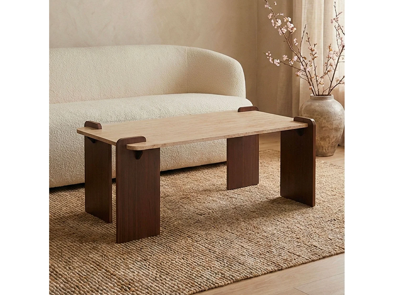 Table basse au design Art Déco Cezanne 60x120cm Effet travertin Beige et Bois foncé