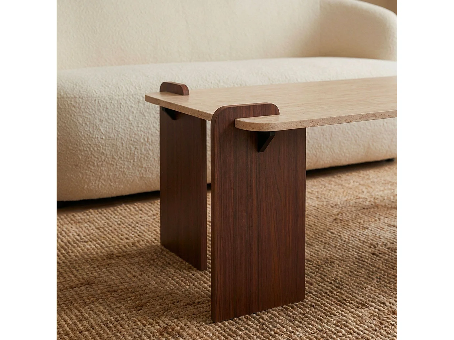 Table basse au design Art Déco Cezanne 60x120cm Effet travertin Beige et Bois foncé