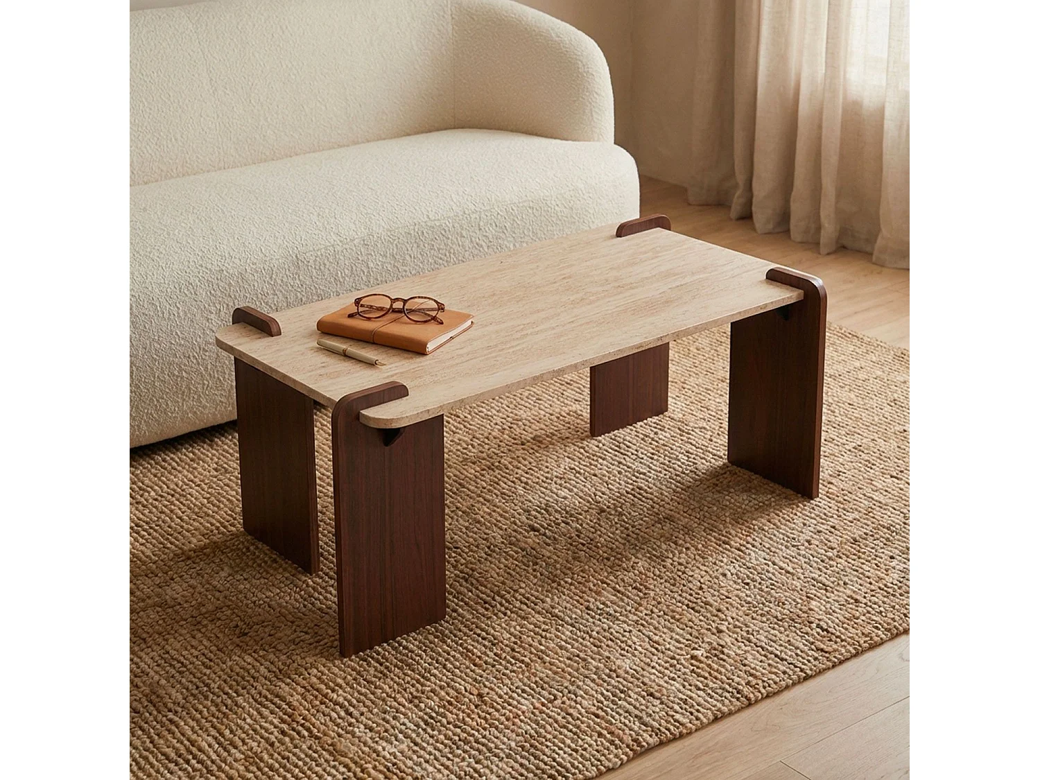 Table basse au design Art Déco Cezanne 60x120cm Effet travertin Beige et Bois foncé